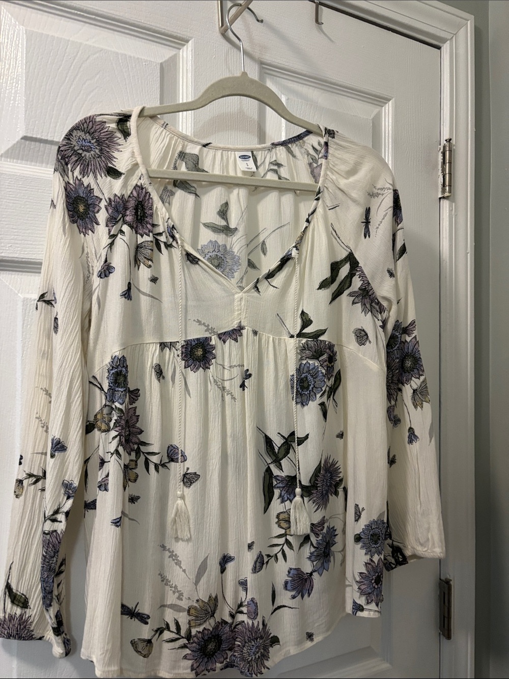 Old Navy Cream Blouse with Purple and Green Floral Print